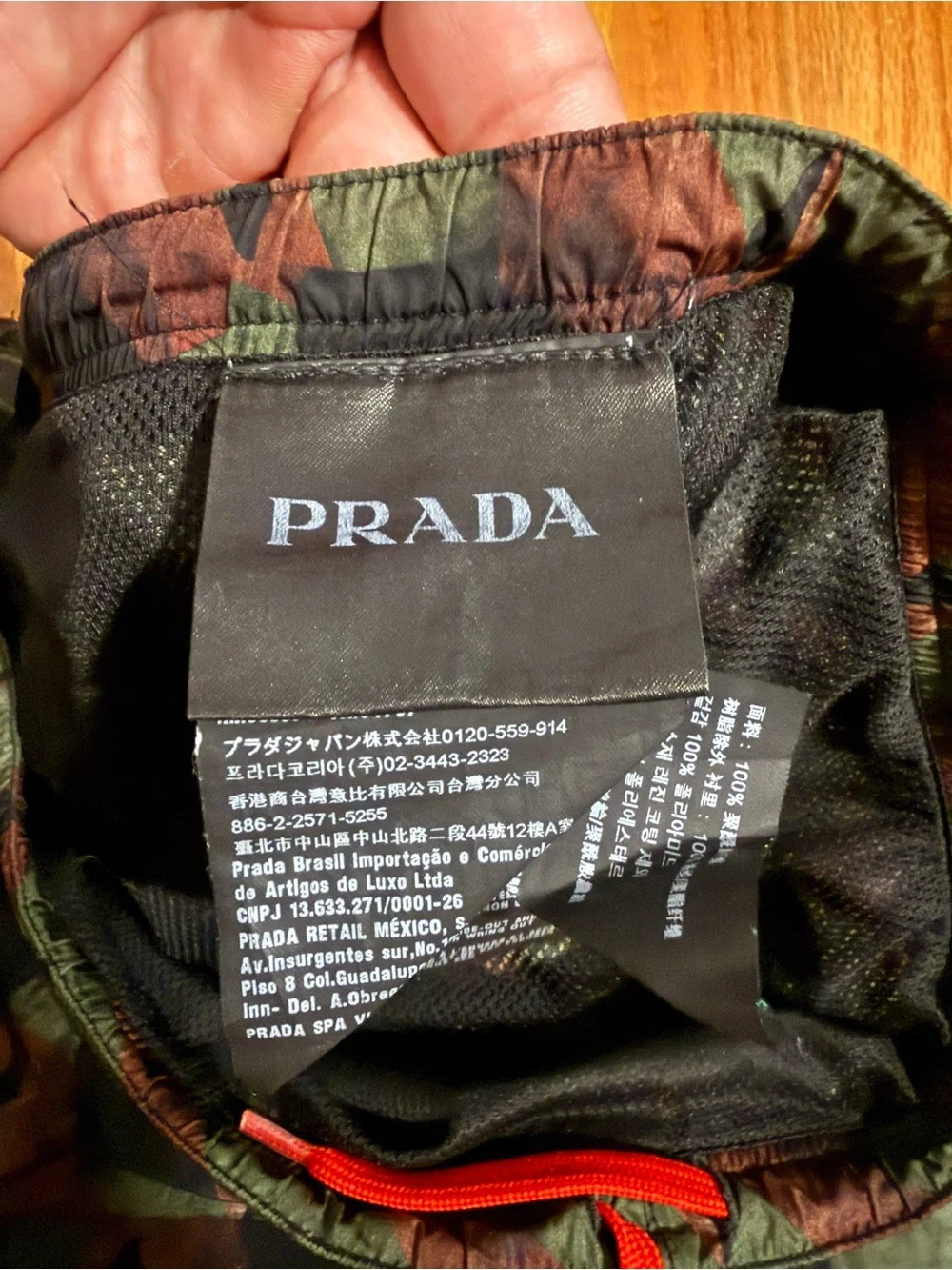 Prada Green & Black Geometric Swim Trunks with Red Drawcord